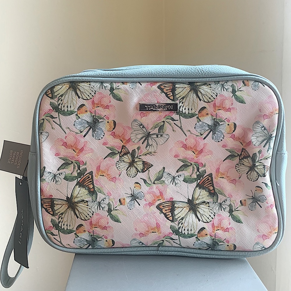 Tahari Xl Makeup Cosmetic Travel Bag Floral Butterflies Blue F2208